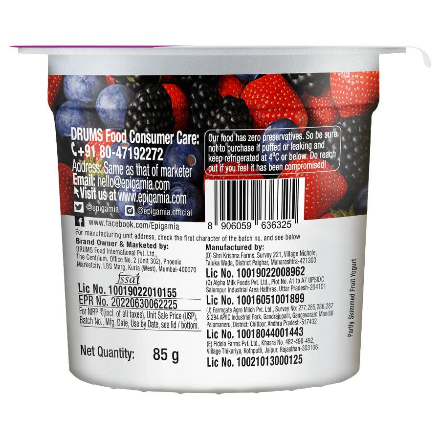 Yogurt | Greek Yogurt - Mixed Berries - 5g Protein - No Added Preservatives & No Added Sugar - Epigamia - 85gm