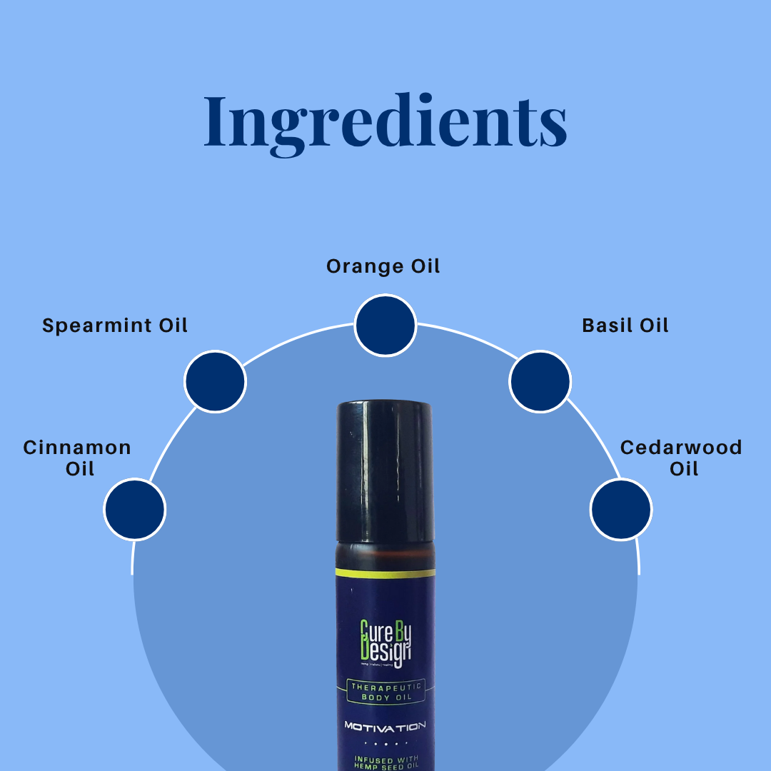 Body Oil | Theraputic Body Oil (Motivation) - Infused With Hemp Seed Oil - Cure By Design - 10ml