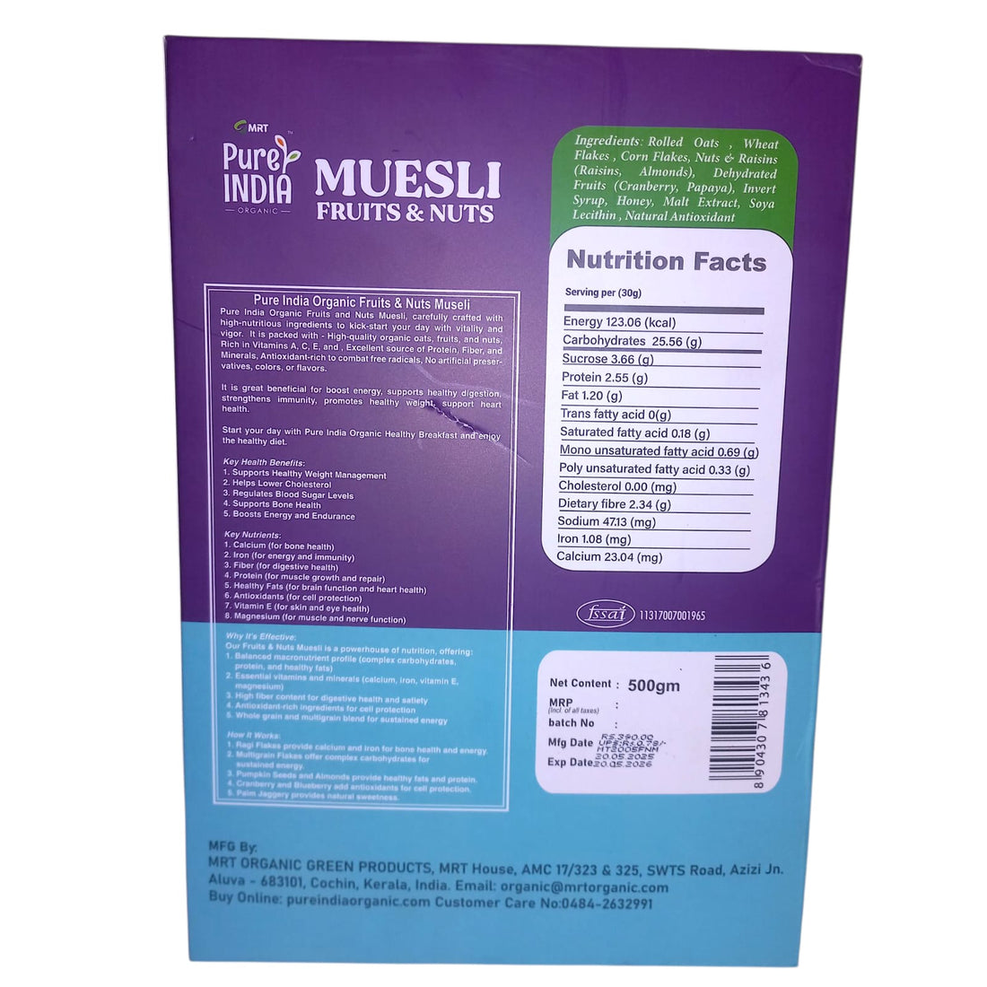 Muesli | Fruits & Nuts Muesli – Supports Bone Health – High In Antioxidant And Whole Grain & No Added Preservatives – Mrt Organic – 500gm