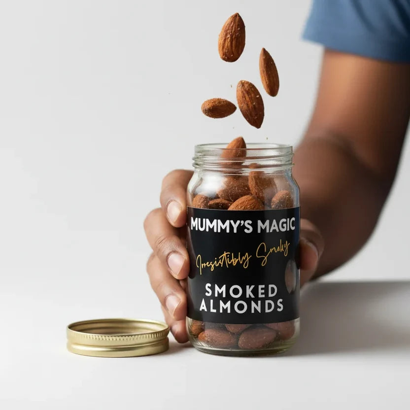 Smoked Almonds - Vegan -Handcrafted flavour - No Preservatives or artificial additives -No MSG ,No Artificial Colours– Mummy&