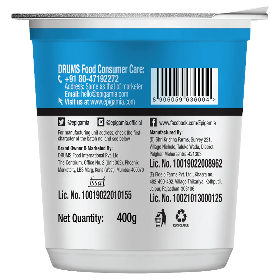 Yogurt | Natural Greek Yogurt - Partly Skimmed Yogurt - No Added Sugar, High In Protein & No Added Preservatives - Epigamia - 400gm