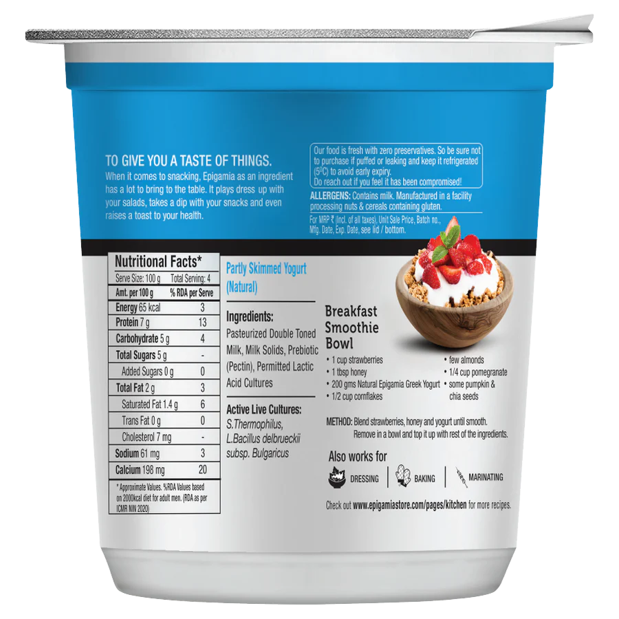 Yogurt | Natural Greek Yogurt - Partly Skimmed Yogurt - No Added Sugar, High In Protein & No Added Preservatives - Epigamia - 400gm