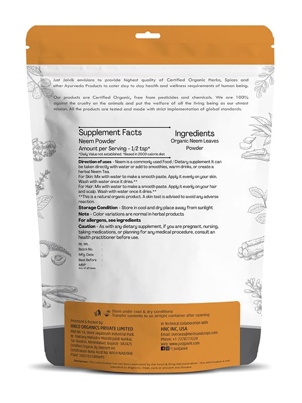 Neem Powder (Azadirochta Indica) - USDA Organic - Just Jaivik - 100gm