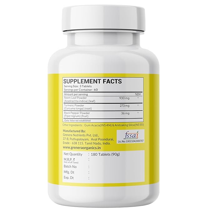 Tablets |Neem Turmeric with Black Pepper (500mg per Tablet) -Made with Pure Turmeric Root Powder- Neem Leaf Power-No Artificial Color, Flavors, Non-GMO – Neemveda – 90gm (180 Tablets)