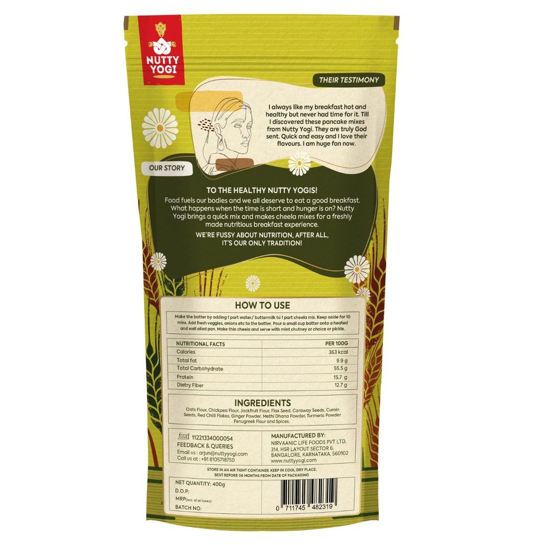 Cheela Mix | Oats & Chickpea Cheela Mix - Gluten Free, No Additives, High In Minerals And Proteins - Nutty Yogi - 400gm
