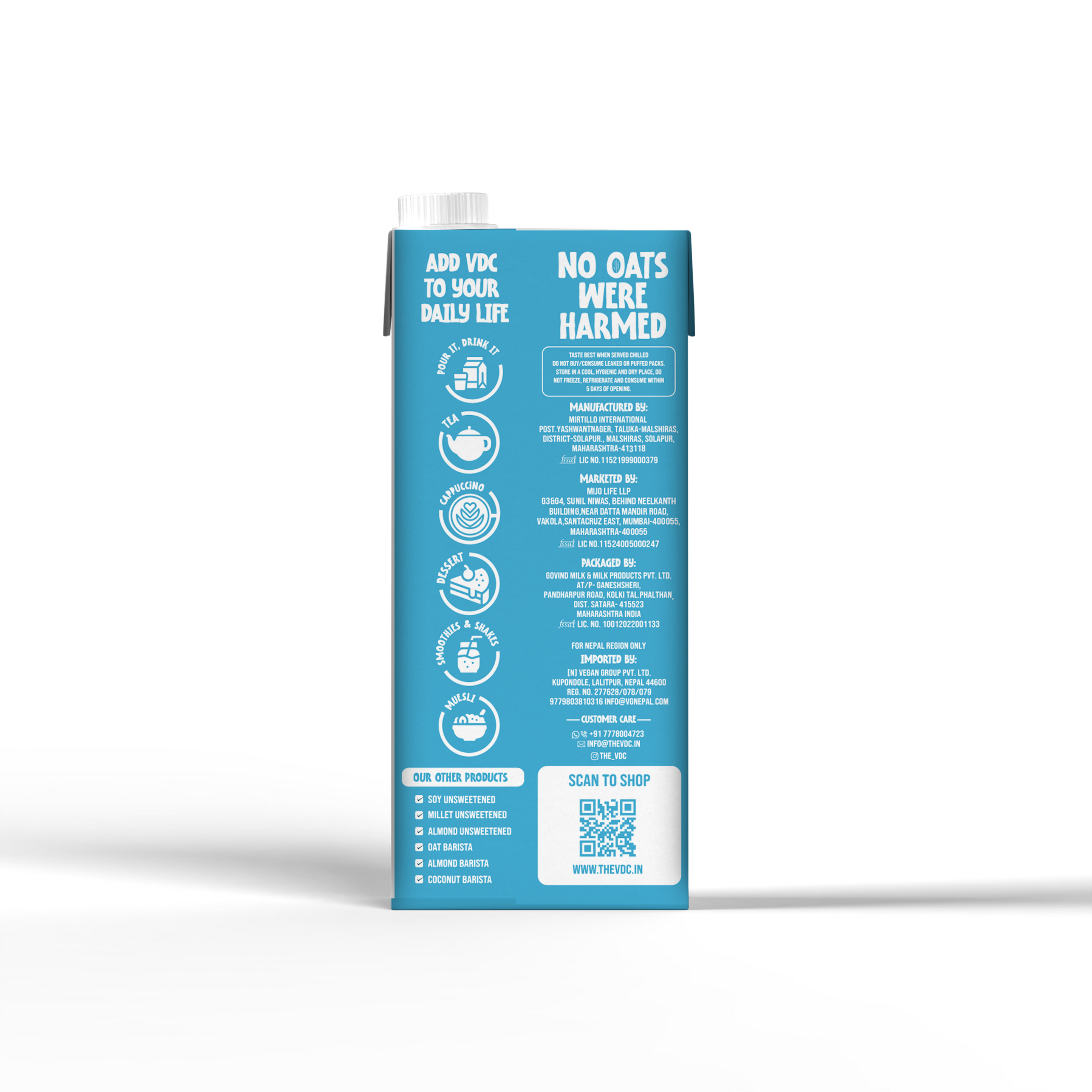 Oat Drink | Unsweetened - Creamy – Vegan, Soya Free, Non GMO, No Preservatives, Zero Cholesterol, No Artificial Flavors & No Added Colors – VDC – 1000ml