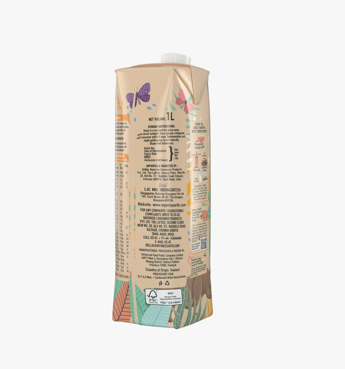 Oats Milk - Original - Vegan, Soy Free, Lactose Free, No Trans Fat & Cholesterol Free - Only Earth - 1000ml
