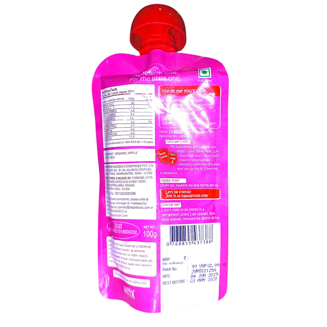 Puree | Only Apple Puree – Gluten Free, No Added Sugar, No Salt, No Added Flavours, Colours & No Added Preservatives – Happa – 100gm