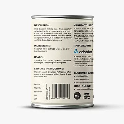 Milk | Organic Coconut Milk- Rich & Smooth (17 % Fat) - Gluten Free, Vegan- Certified Organic -No Preservatives- OKO Whole Food - 400ml