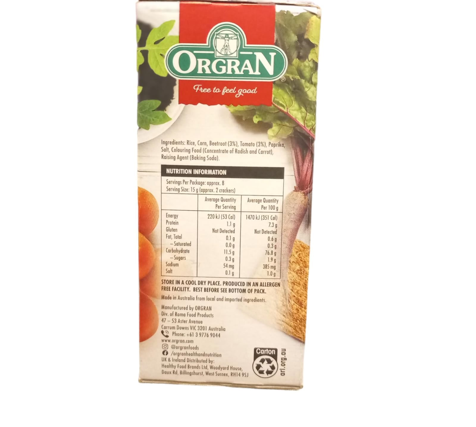 Beetroot & Tomato Crispbread | Garden Veggies – Vegan, Gluten Free, Egg Free & Milk Free – Orgran – 125gm