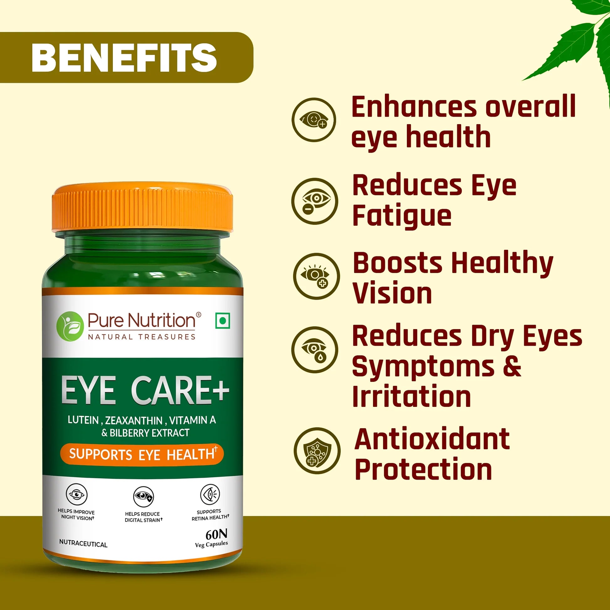 Eye Care+ | Lutein, Zeaxanthin, Vitamin A & Bilberry - Support Eye Health, Improve Night Vision, Reduce Digital Strain, Support Retina Health- Pure Nutrition- 60 Veg Capsules