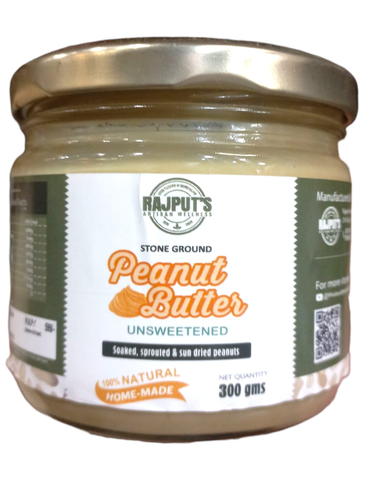 Peanut Butter | Stone ground Peanut Butter (Unsweetened) - Soaked, Sprouted & Sun Dried Peanuts - 100% Natural Home Made - Vegan, Gluten Free, Refined Sugar Free, Diabetic Friendly & No Added Preservatives - Rajput&