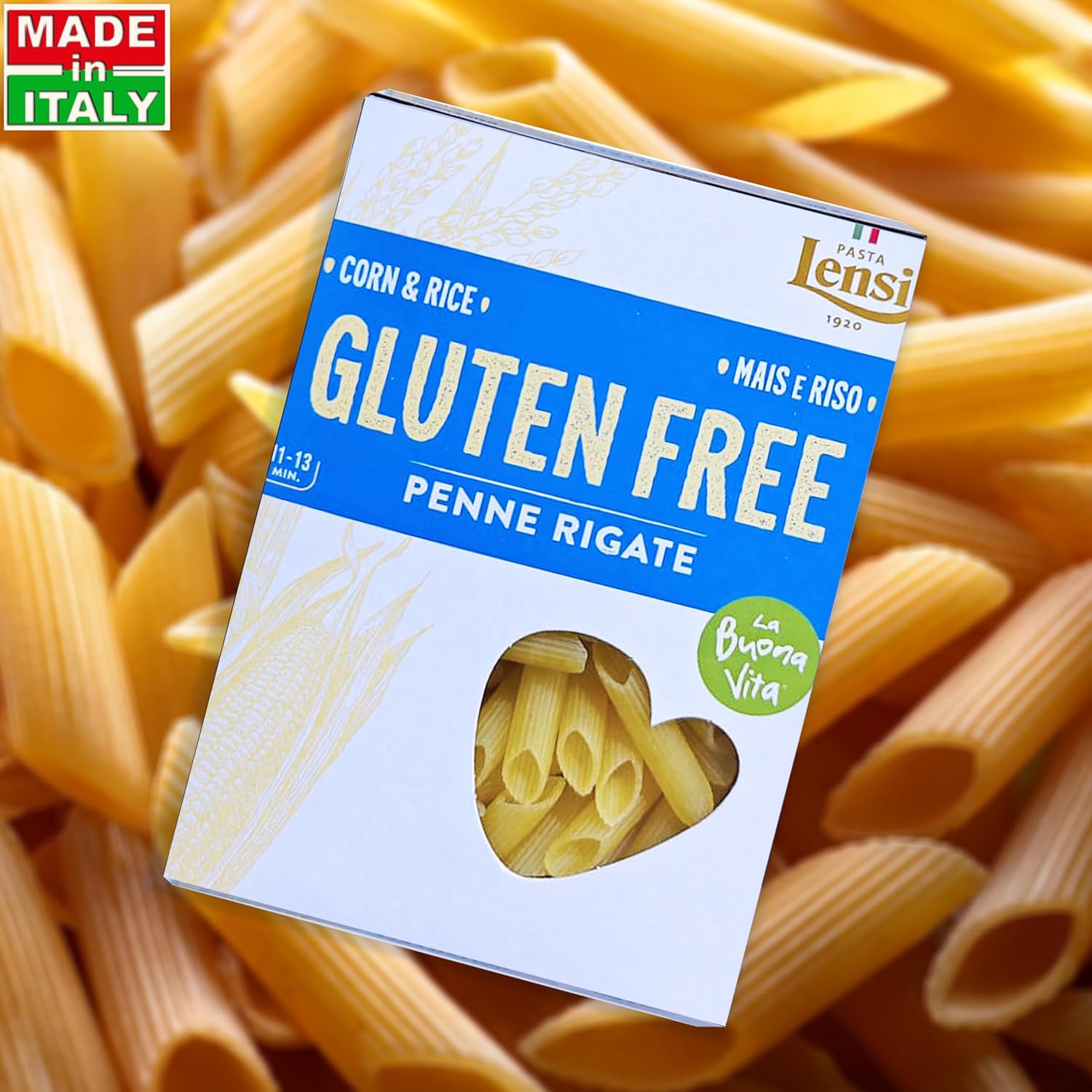 Pasta | Penne Rigate Pasta (Made By Corn & Rice) - Made In Italy - Gluten Free & Lactose Free - Pasta Lensi - 400gm