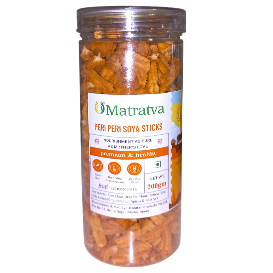 Soya Sticks | Peri Peri Soya Sticks - Made With Organic Ingredients - Healthy - Not Fried - Gluten Free, Cruelty Free, High In Fibre & No Added Preservatives - Matratva - 200gm