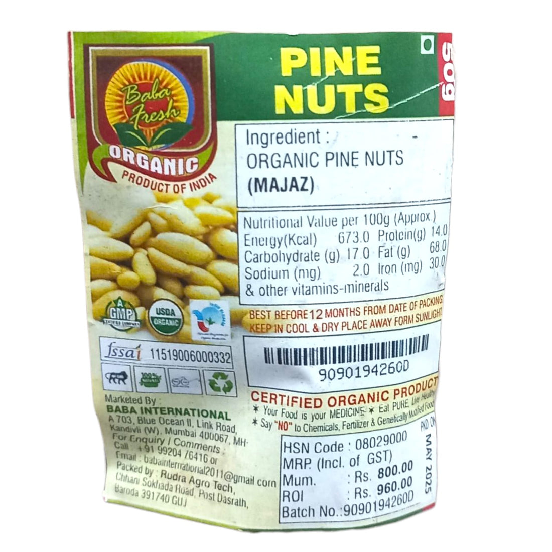 Pine Nuts | USDA Organic - Baba Fresh - 50gm