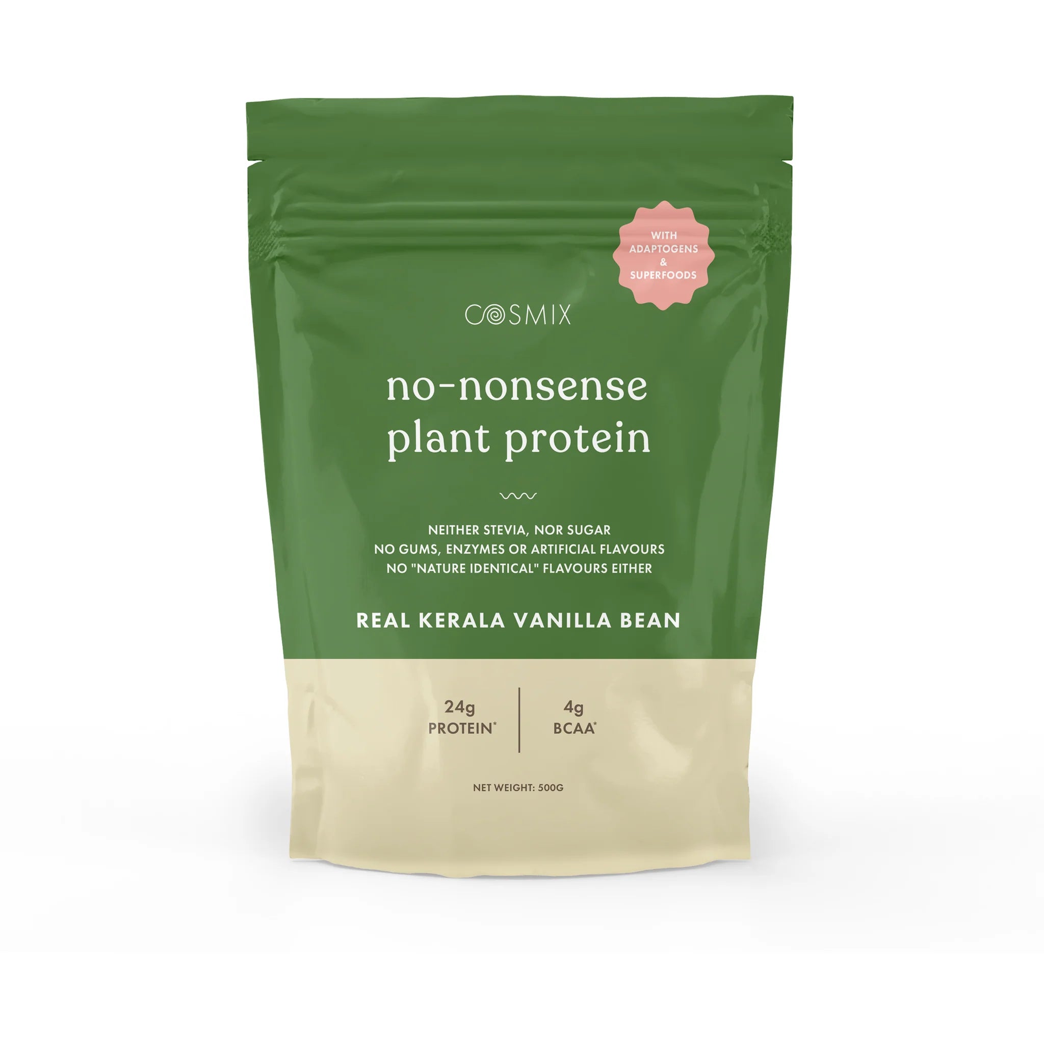 Protein Powder | Plant Protein - No Nonsense - Real Kerala Vanilla Bean - 24gm Protein Per Serving – Vegan, Gluten Free, Soy Free, No Trans Fat, No Added Sugar, Gums, Enzymes & No Added Artificial Flavours – Cosmix – 500gm