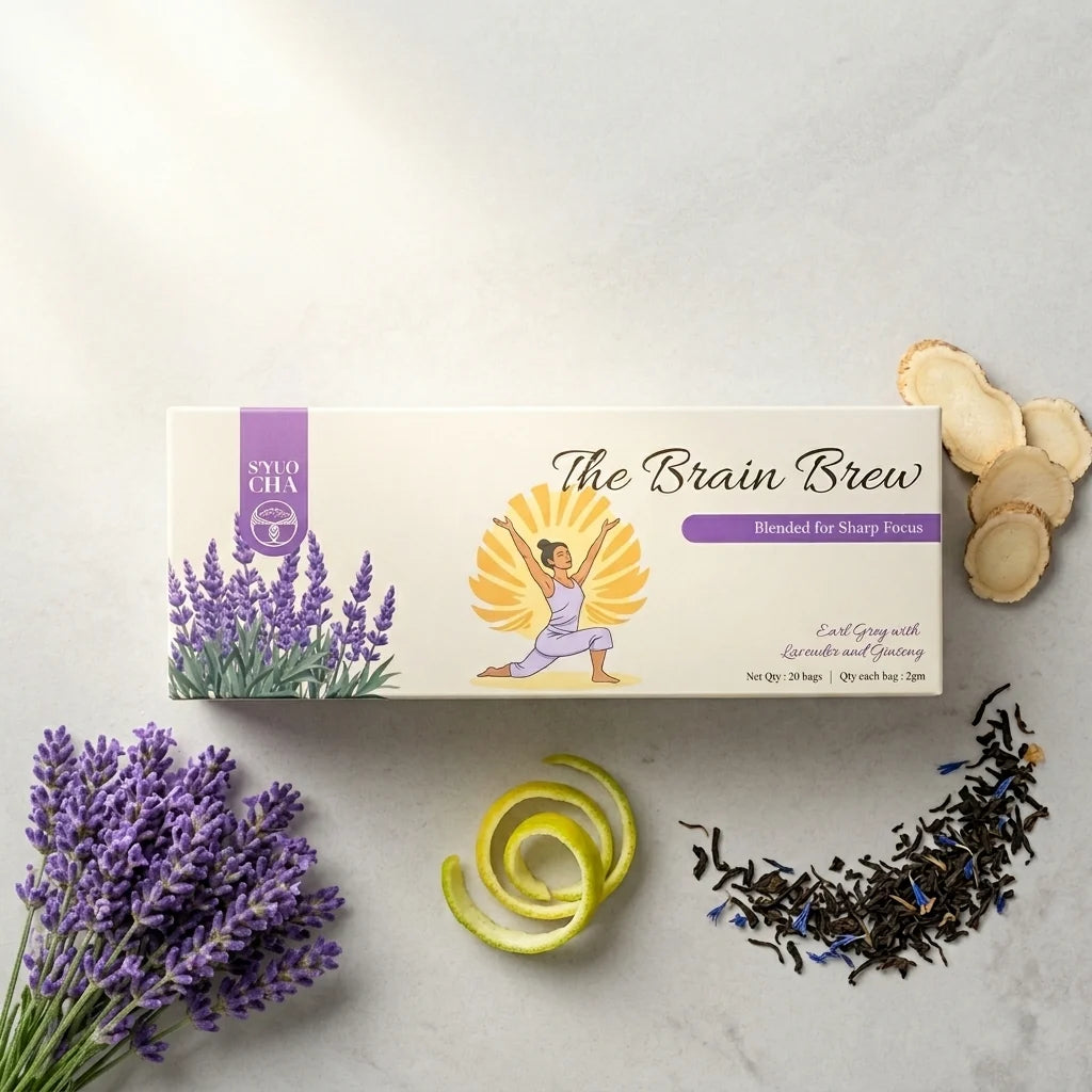 Tea | Brain Brew Tea (Blended For Sharp Focus )- Early Grey With Lavender and Ginseng - No Side Effects-No Artificial Coloring- No Added Preservatives - Syuo Cha - 40gm (20 Bags)