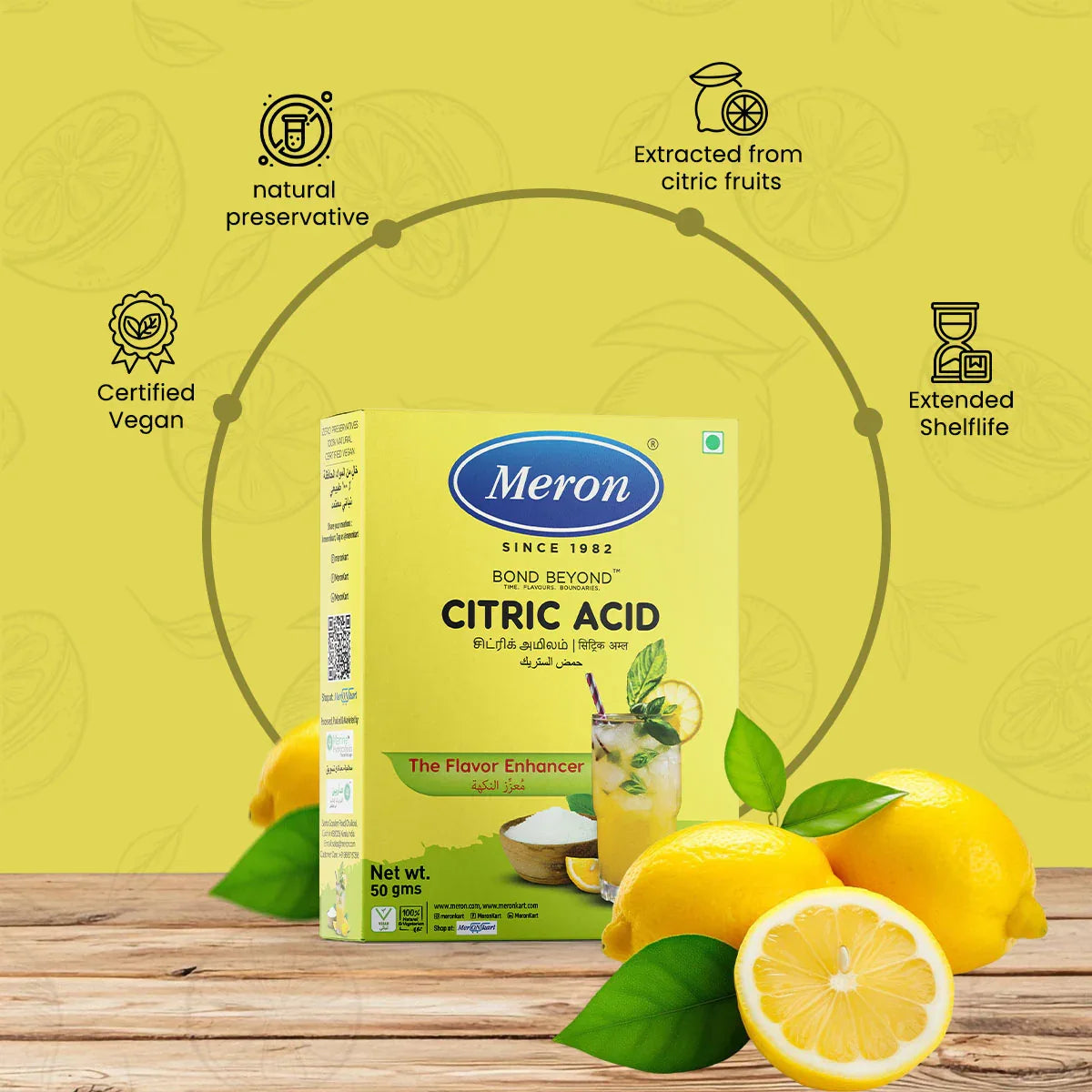 Citric Acid | Natural Flavour Enhancer-Vegan, 100% Natural & Vegetarian -Natural Preservatives – Meron – 50gm