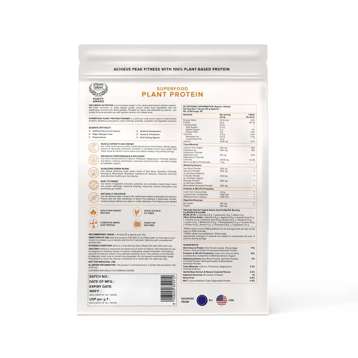 Protein Powder | Superfood Plant Protein - 22g Protein – French Vanilla Caramel – Organic - Vegan, Gluten Free, Sugar Free & Dairy Free – Wellbeing Nutrition – 907gm