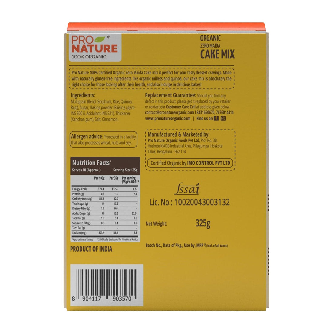 Cake Mix | With Naturally Gluten Free Ingredients - Organic - No Maida - Pro Nature - 325gm