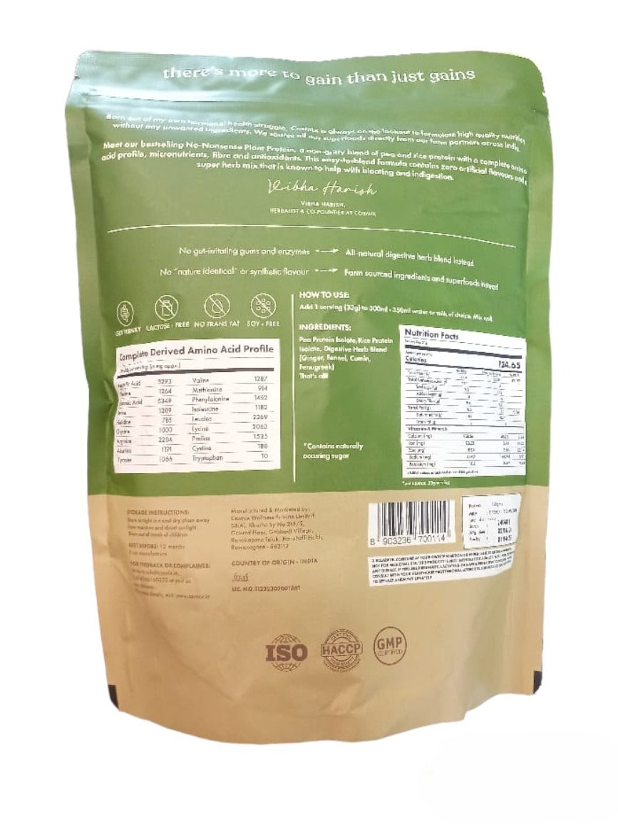 Protein Powder | Plant Protein – No Nonsense - (Classic Unflavored) - 26gm Protein Per Serving – Gut Friendly, Lactose Free, No Trans Fat, Soy Free, No Added Sugar, Stevia, Gums, Enzymes & No Added Artificial Flavours - Cosmix – 500gm