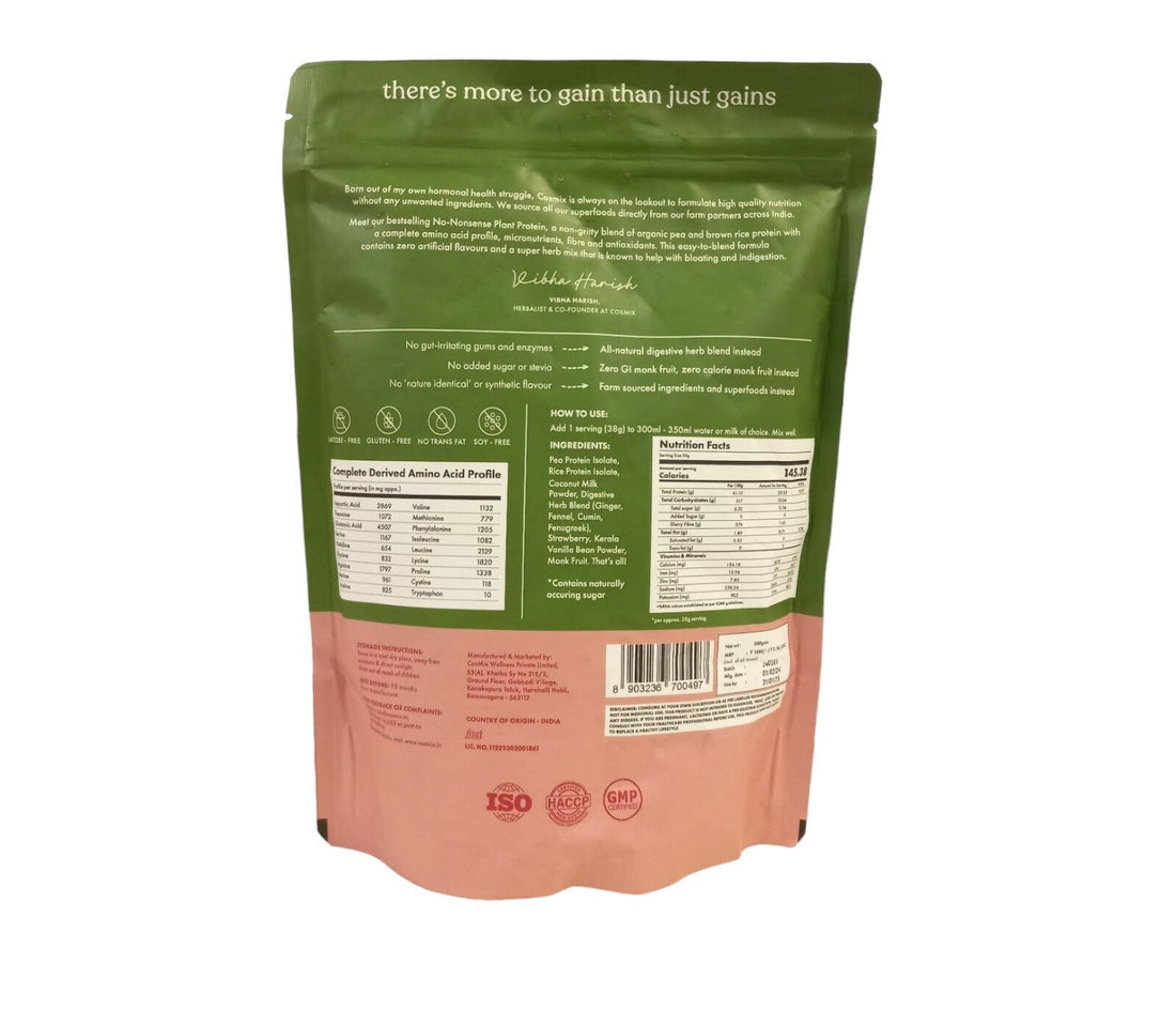 Protein Powder | Plant Protein – No Nonsense – Mahabaleshwar Strawberry – 24gm Protein Per Serving - Gluten Free, Lactose Free, No Trans Fat, Soy Free, No Added Sugar, Artificial Flavors, No Gums & No Enzymes - Cosmix – 500gm