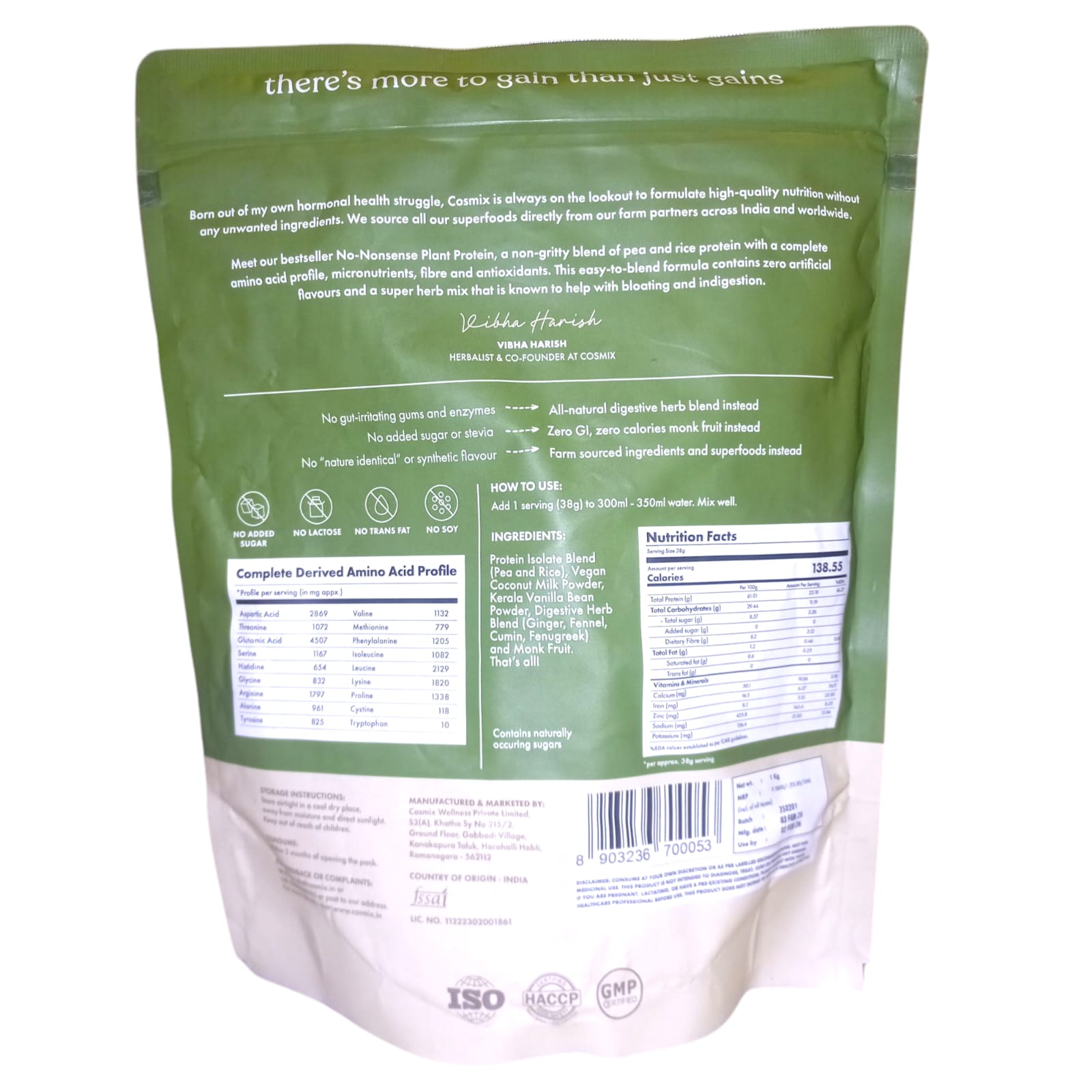 Protein Powder | Plant Protein – No Nonsense – Kerala Vanilla Bean – 24gm Protein Per Serving – Vegan, Gluten Free, Soy Free, No Trans Fat, No Added Sugar, Gums, Enzymes & No Added Artificial Flavours – Cosmix – 1000gm