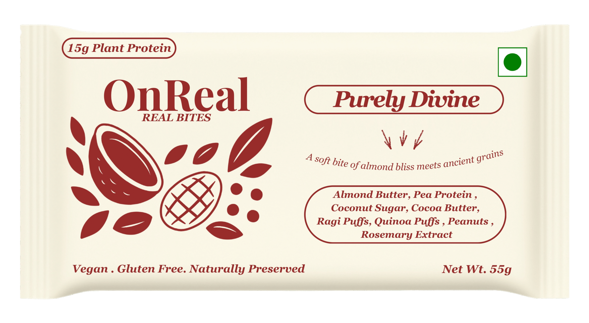 Bar | Purely Divine (Soft Almond bliss meets ancients Grains) - 15g Plant Protein – Vegan, Gluten Free , Naturally Preserved – OnReal 55gm
