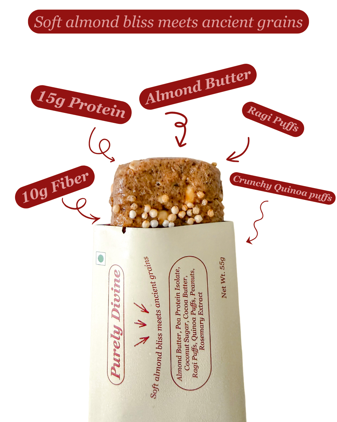 Bar | Purely Divine (Soft Almond bliss meets ancients Grains) - 15g Plant Protein – Vegan, Gluten Free , Naturally Preserved – OnReal 55gm