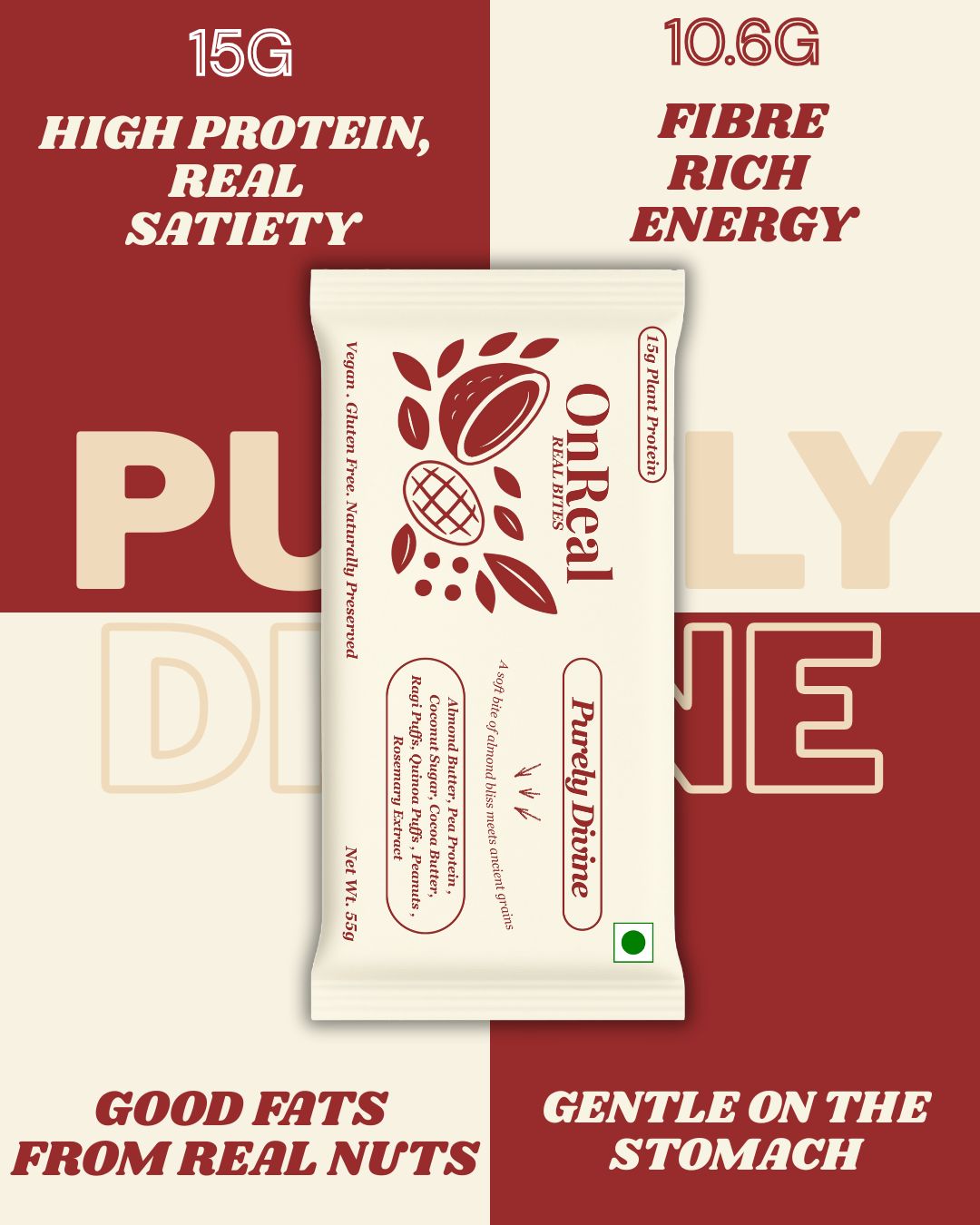 Bar | Purely Divine (Soft Almond bliss meets ancients Grains) - 15g Plant Protein – Vegan, Gluten Free , Naturally Preserved – OnReal 55gm