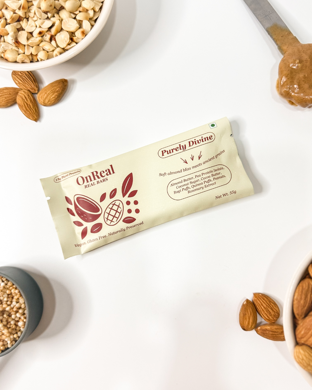 Bar | Purely Divine (Soft Almond bliss meets ancients Grains) - 15g Plant Protein – Vegan, Gluten Free , Naturally Preserved – OnReal 55gm