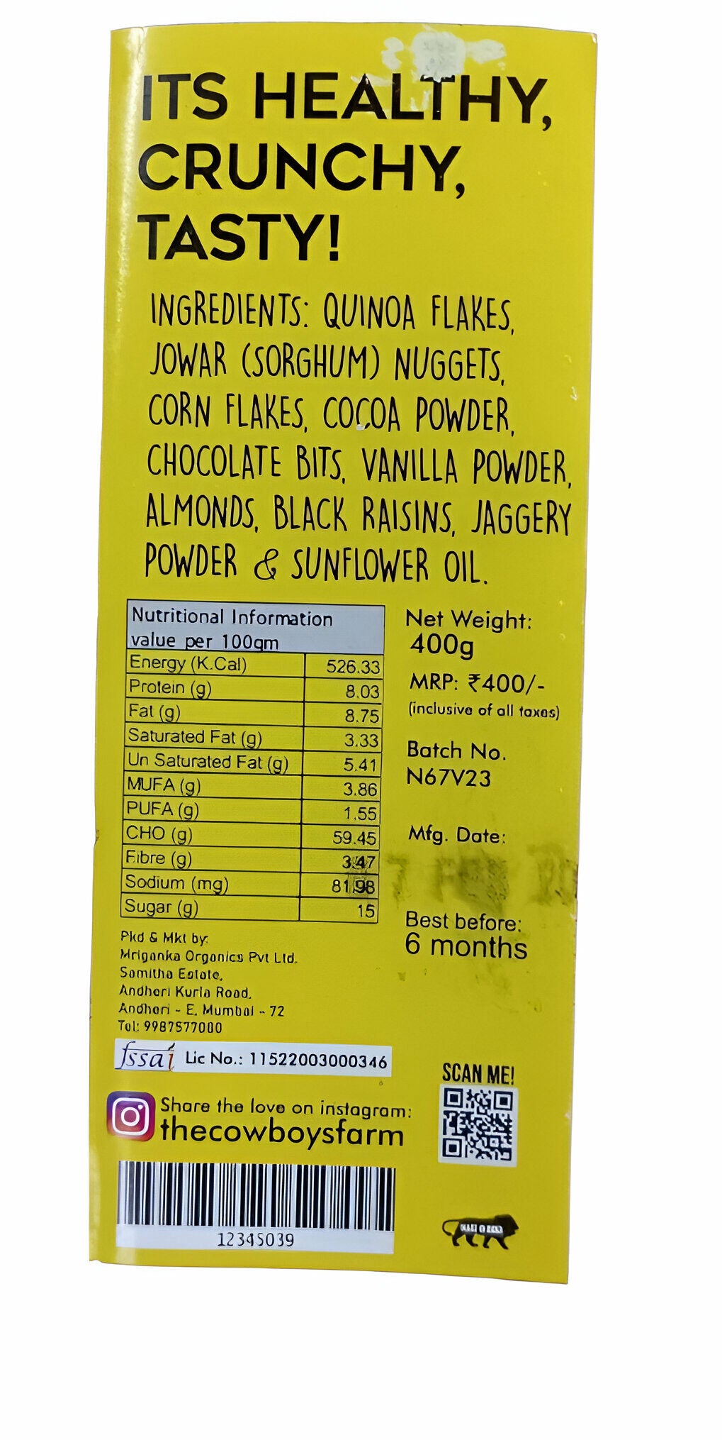 Quinoa Jowar Muesli | Gluten Free, No Wheat, Maida, Refined Sugar, Trans Fat, Palm Oil, No Artificial Color, Flavor & Preservatives - The Cow boys Farm - 400gm