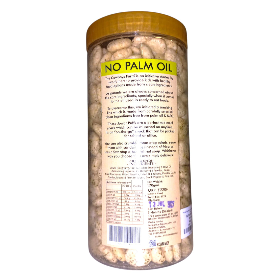 Jowar Puffs | Cream & Onion Jowar Puffs - Baked - Gluten Free, High In Fibre, Diabetic Friendly & No Msg – The Cow Boys Farm – 170gm