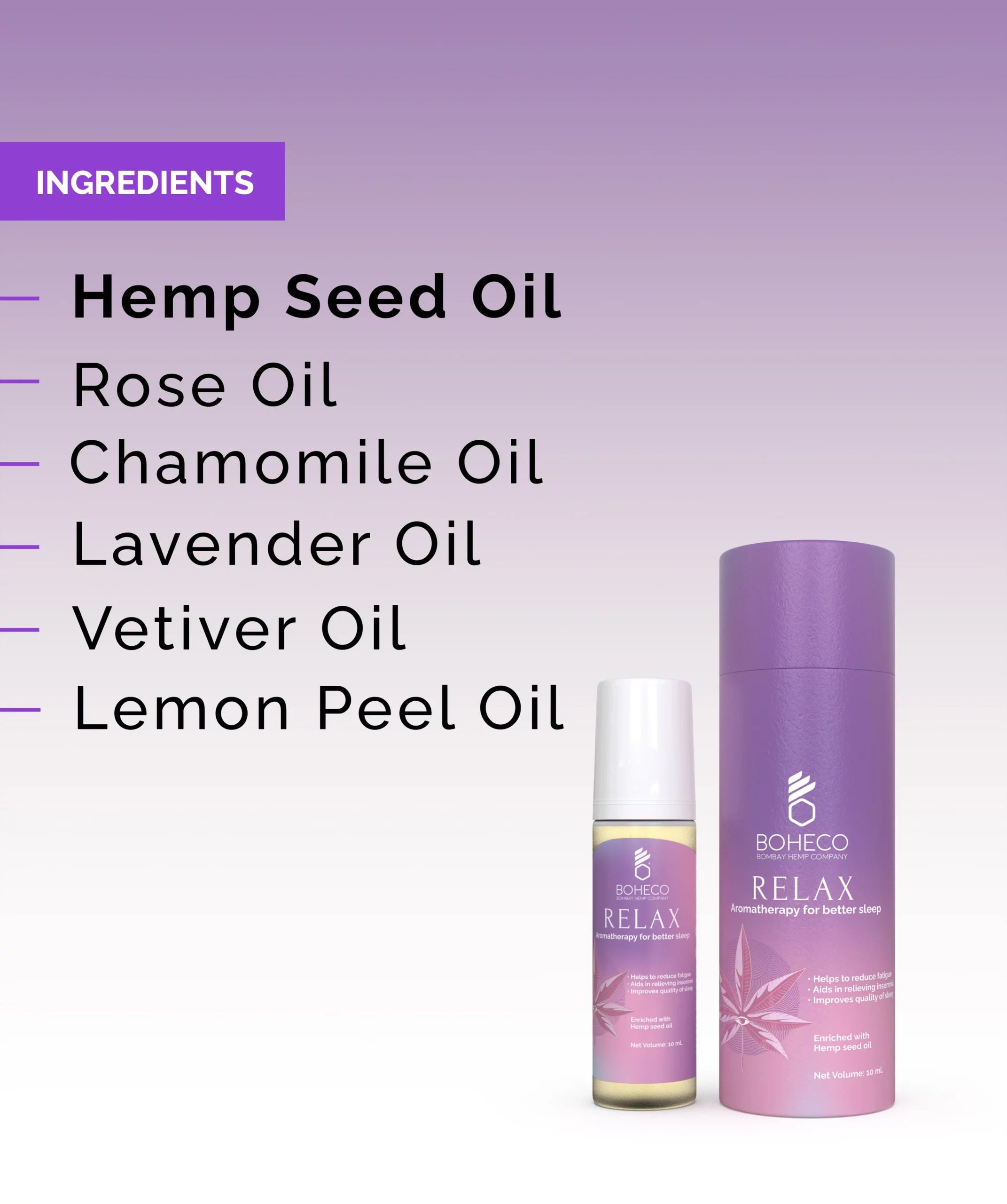 Roll On | Enriched With Hemp Seed Oil (Relax) - Aromatherapy For Better Sleep - Vegan, Cruelty Free & Non GMO - Boheco - 10ml