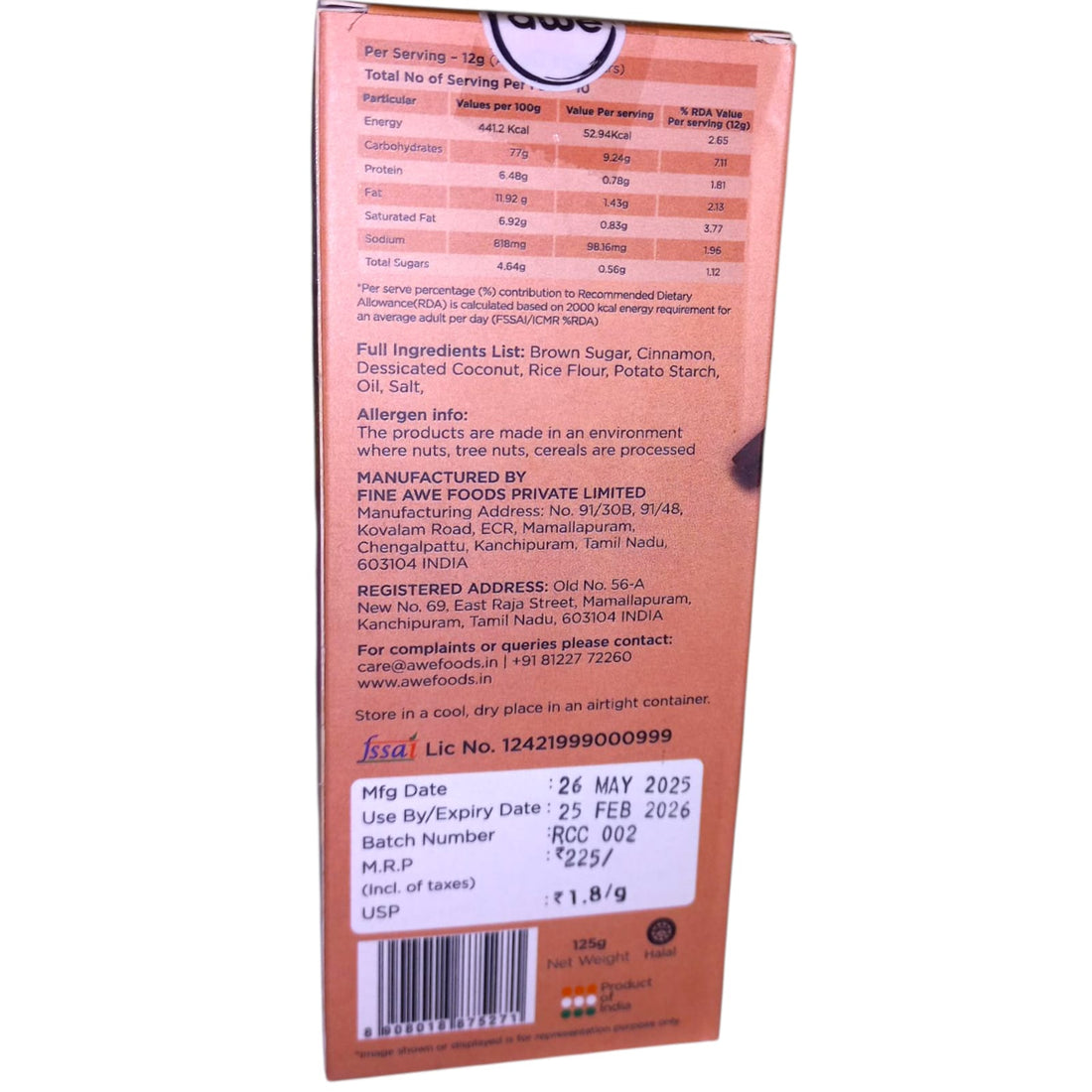 Crackers | Rice Crackers (Cinnamon & Coconut) - Made With 100% Locally Sourced Ingredients - 100% Baked - Plant Based - Gluten Free - Awe - 125gm