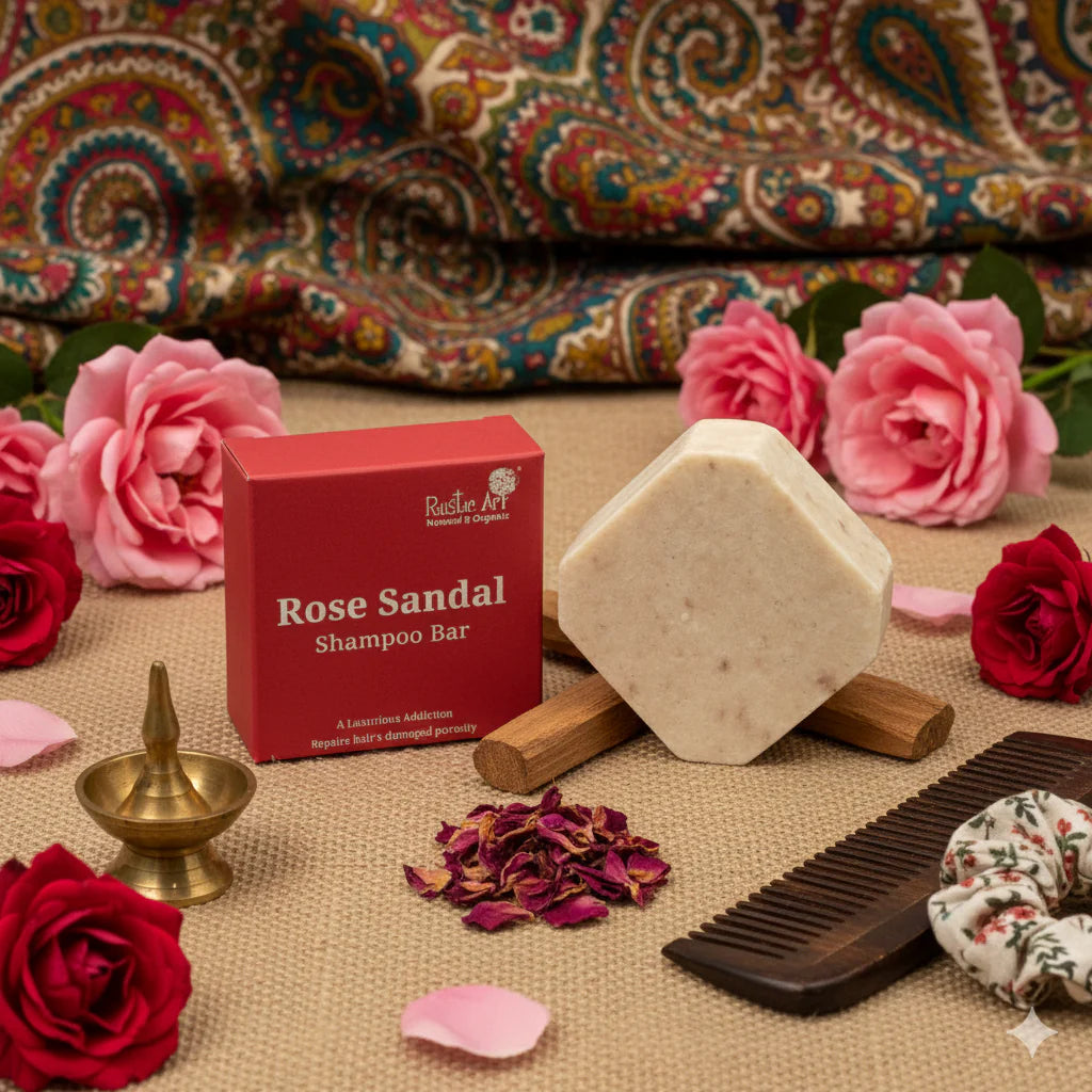 Shampoo | Rose Sandal Shampoo Bar-Hair Cleansing Bar - Dry Damaged Hair-Cruelty free & Vegan- Rustic Art - 75gm