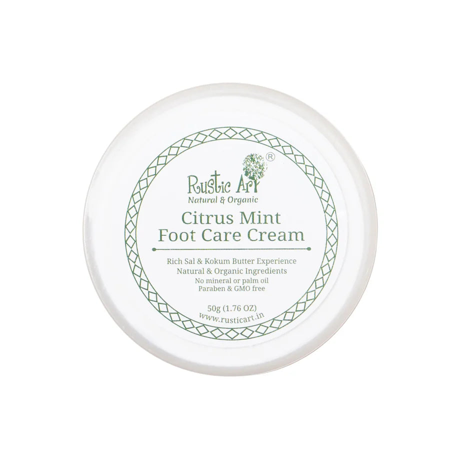 Foot Care Cream | Citrus Mint (Rich Sal & Kokum Butter) - Natural & Organic - No Mineral, No Palm Oil, Paraben & GMO Free - Rustic Art - 50gm