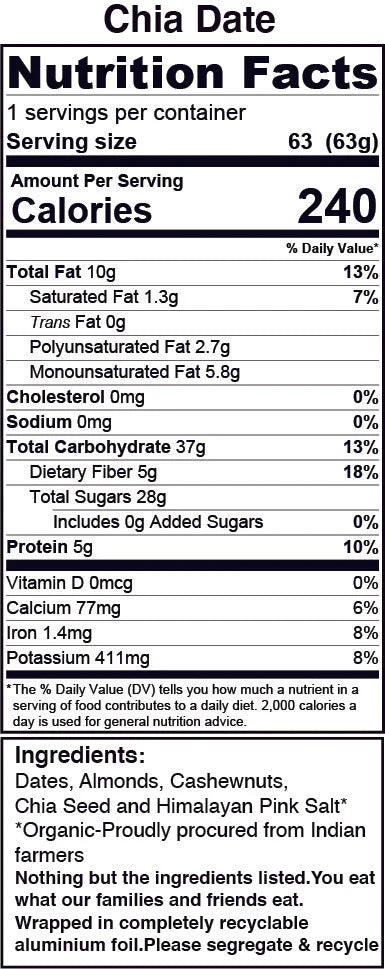 Bar | Chia Date - Granola Bar (With Certified Organic Oats & Almonds) - Vegan, Gluten Free & No Added Additives - The Huda Bar - 45gm