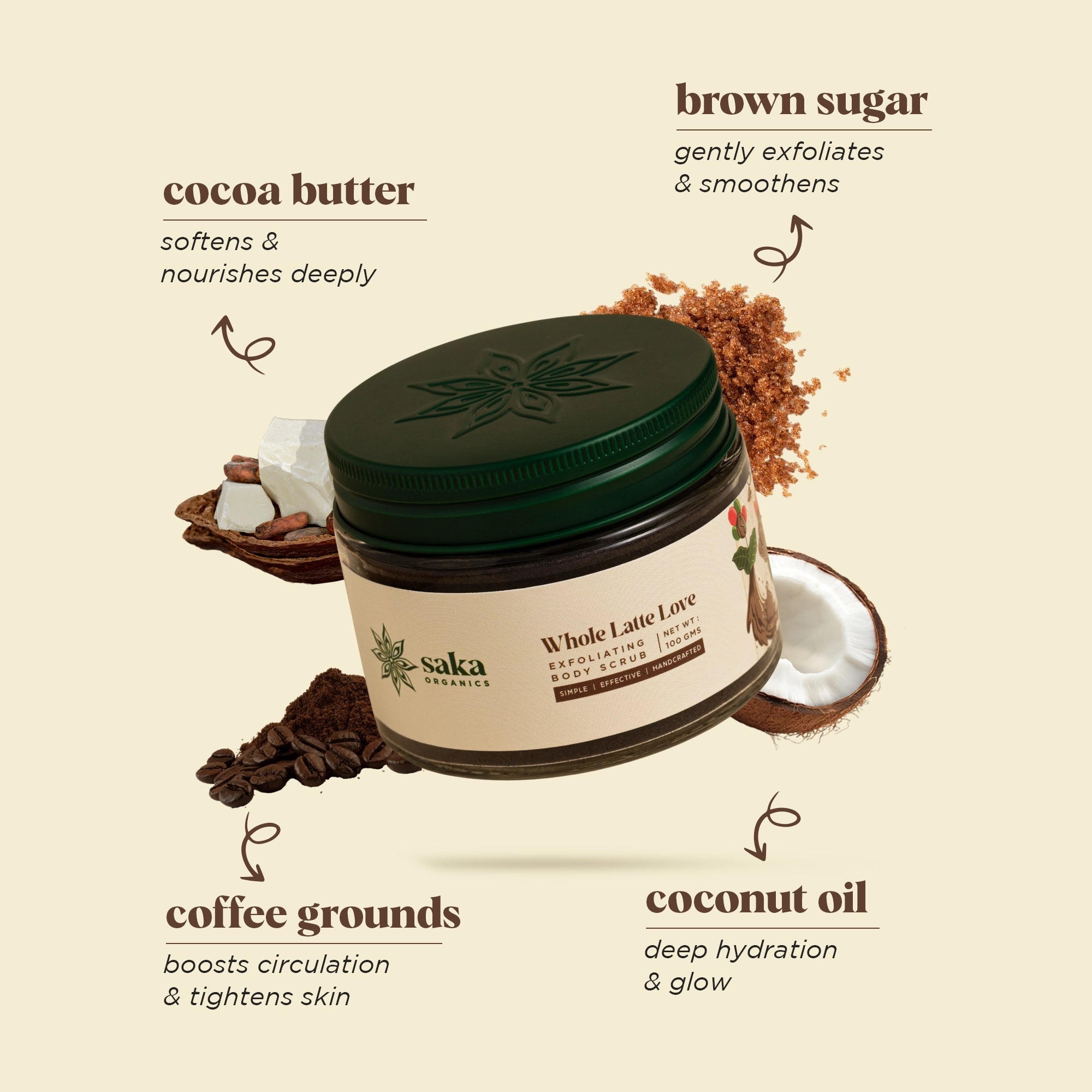Body Scrub | Exfoliating Body Scrub - Whole Latte Love - Hand Crafted - Saka Organic - 100gm