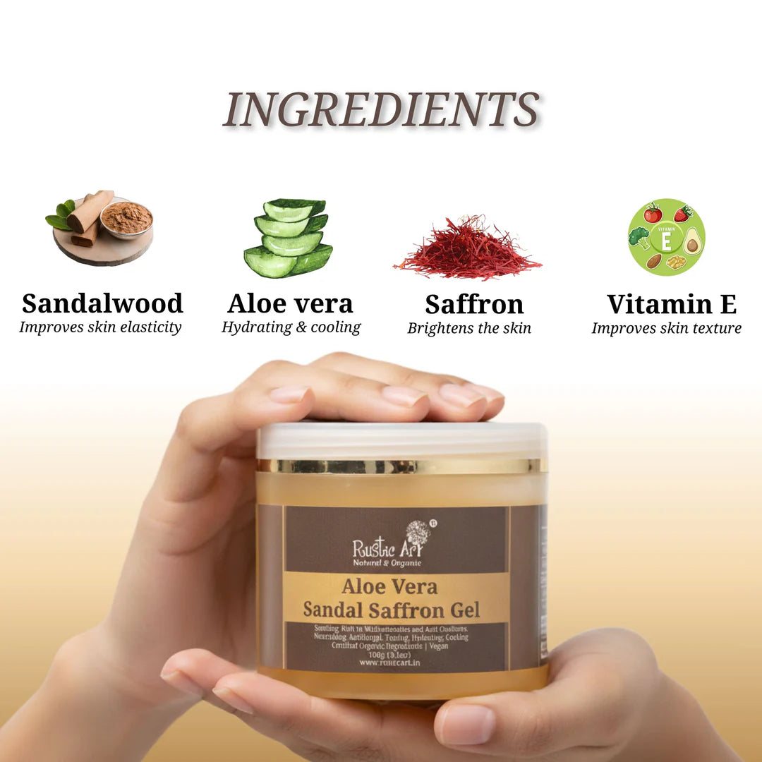 Aloe Vera Sandal Saffron Gel - Natural & Organic - Vegan - Rustic Art - 100gm