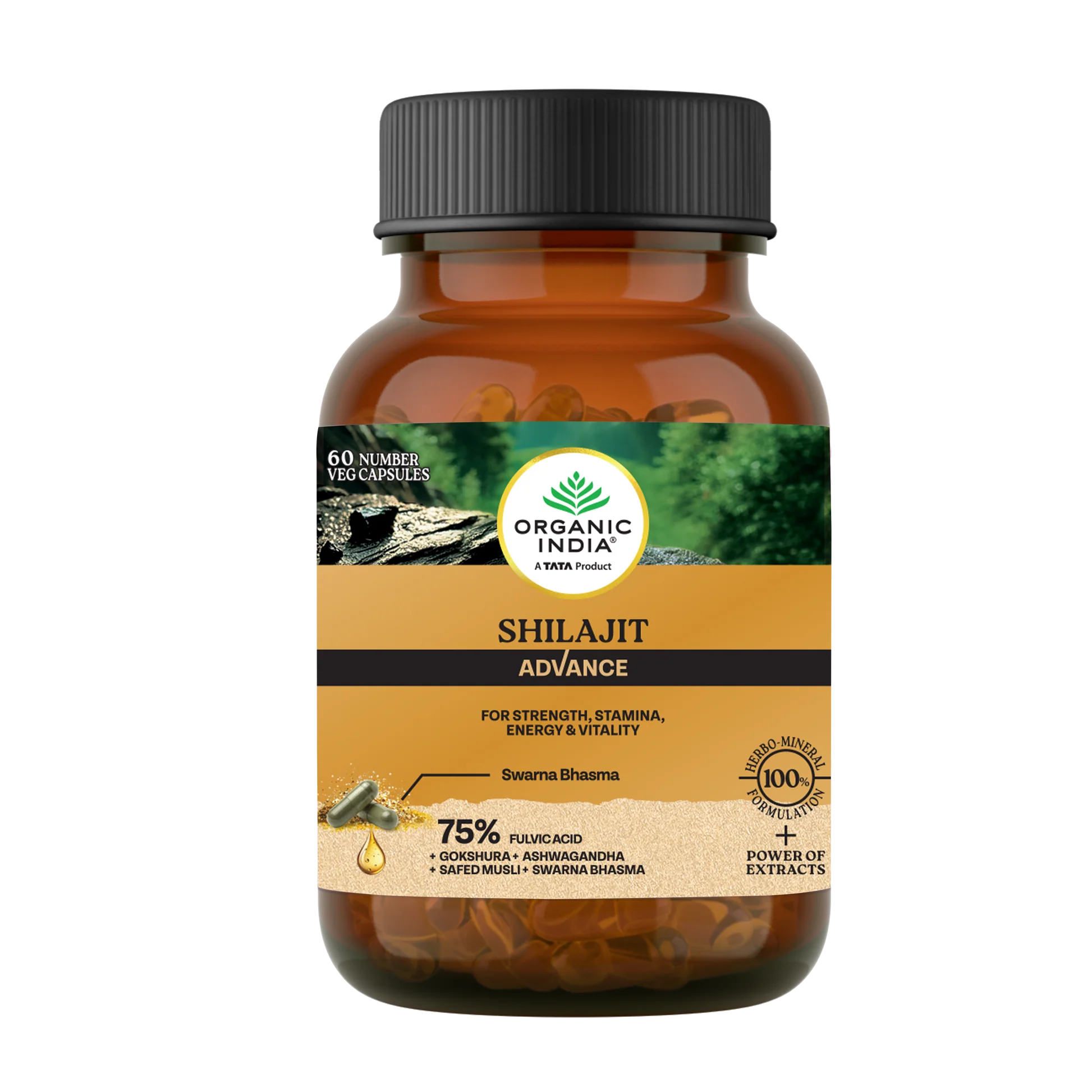 Shilajit Advance -Pure Shilajit 100% Pant Based - 75% Fulvic Acid -For Strength, Stamina, Energy & Vitality- Herbo Mineral - No Additives, Fillers & Preservatives Free - Organic India -60 Capsules