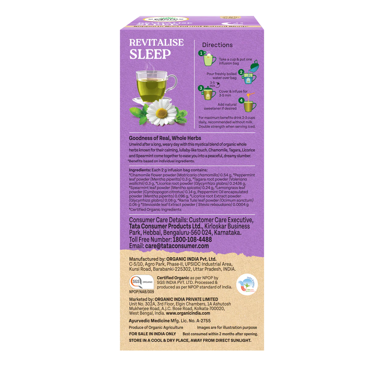 Tea| Revitalise Sleep (Whole Herbs) - Supports Restful & Natural Sleep - 100% Plant Based – Certified Organic - Caffeine free- Organic India-25 Tea Bag