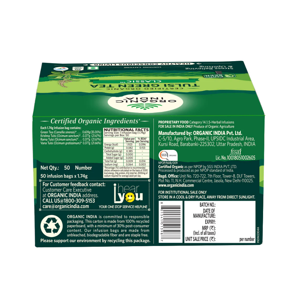 Tulsi Green Tea - Classic – Certified Organic - Stress Relieving & Uplifting - Organic India-50 Tea Bag