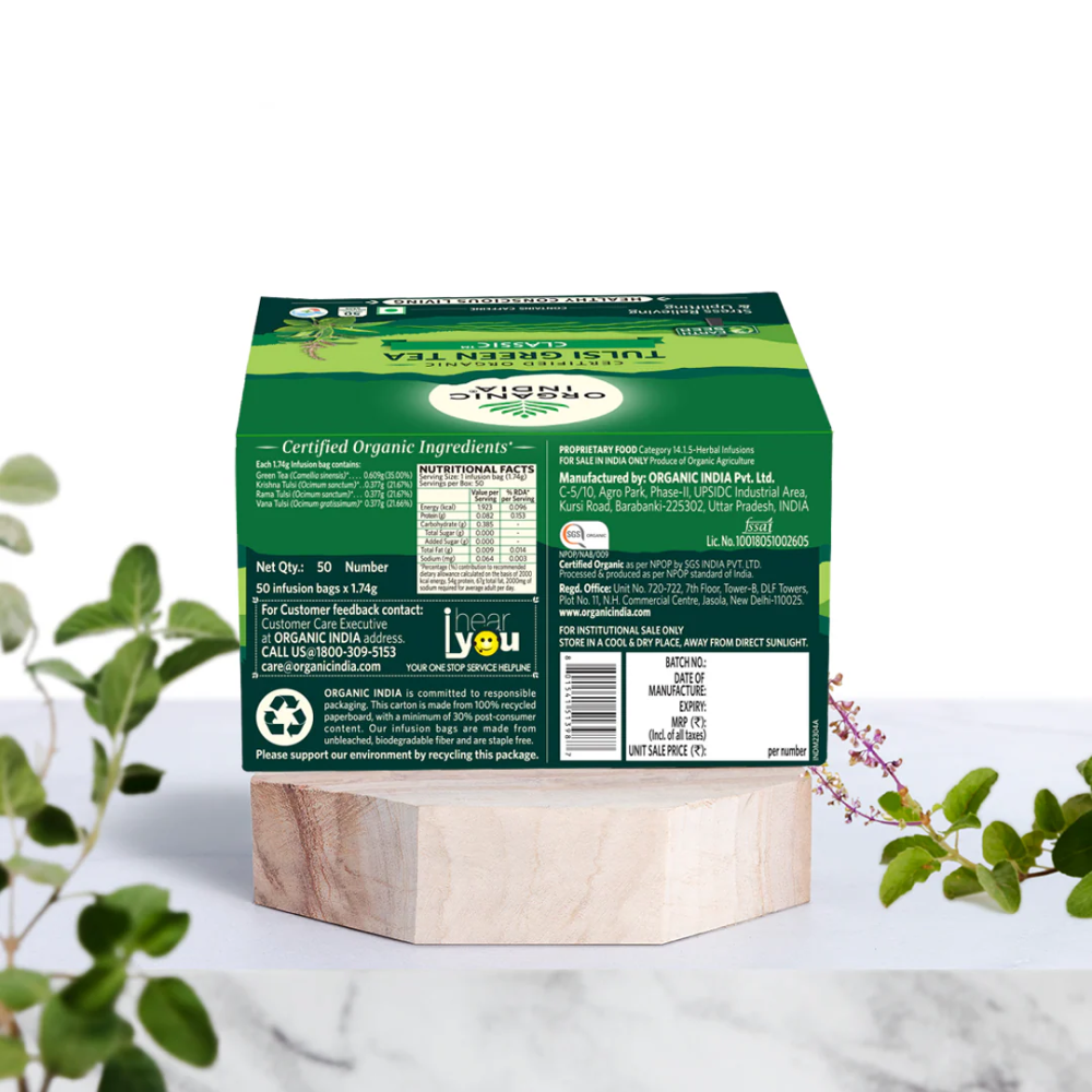 Tulsi Green Tea - Classic – Certified Organic - Stress Relieving & Uplifting - Organic India-50 Tea Bag