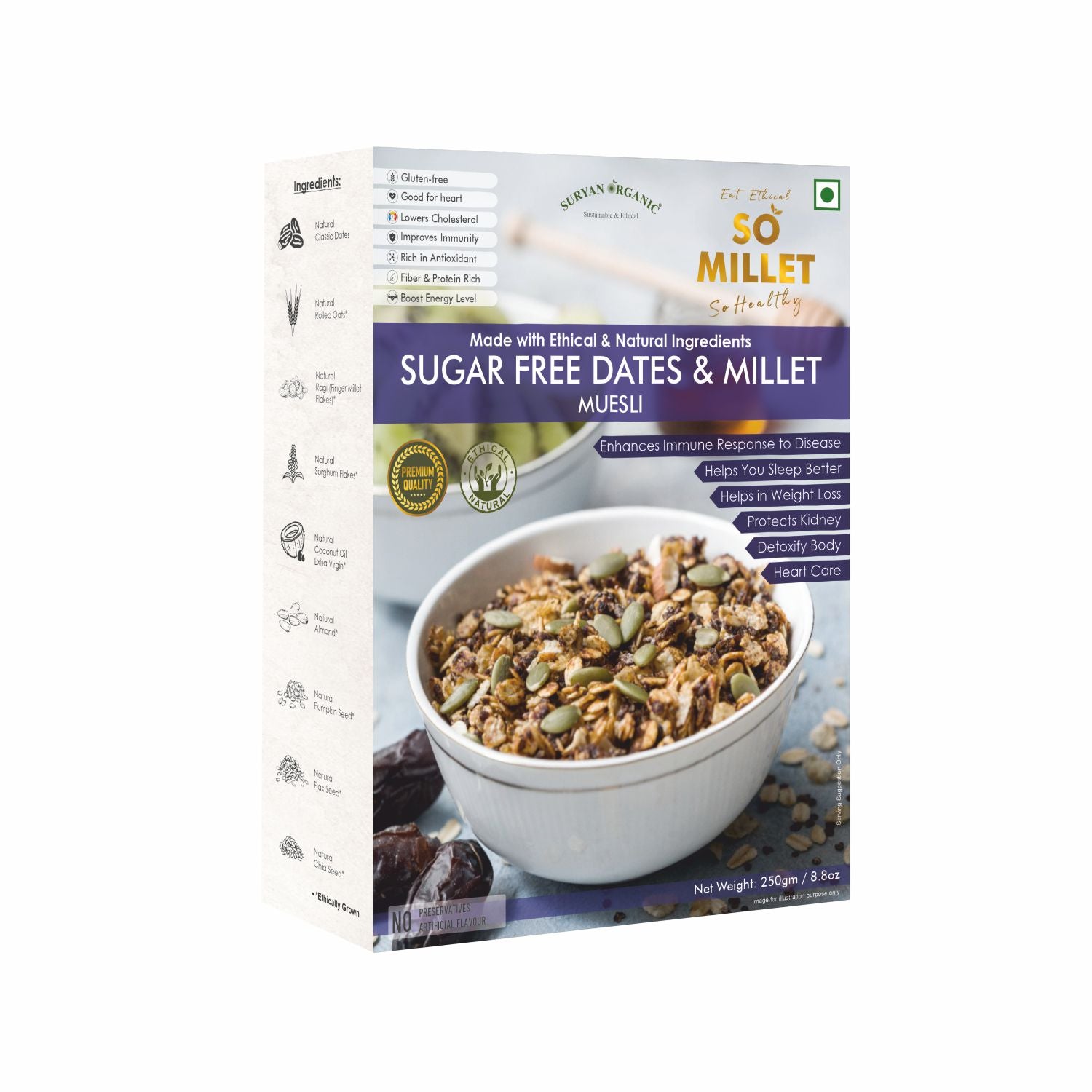 Muesli | Sugar Free Dates & Millet Muesli (Made With Ethical & Natural Ingredients) – Natural – Gluten Free, No Added Sugar, No Preservatives & No Artificial Flavour – So Millet – 250gm