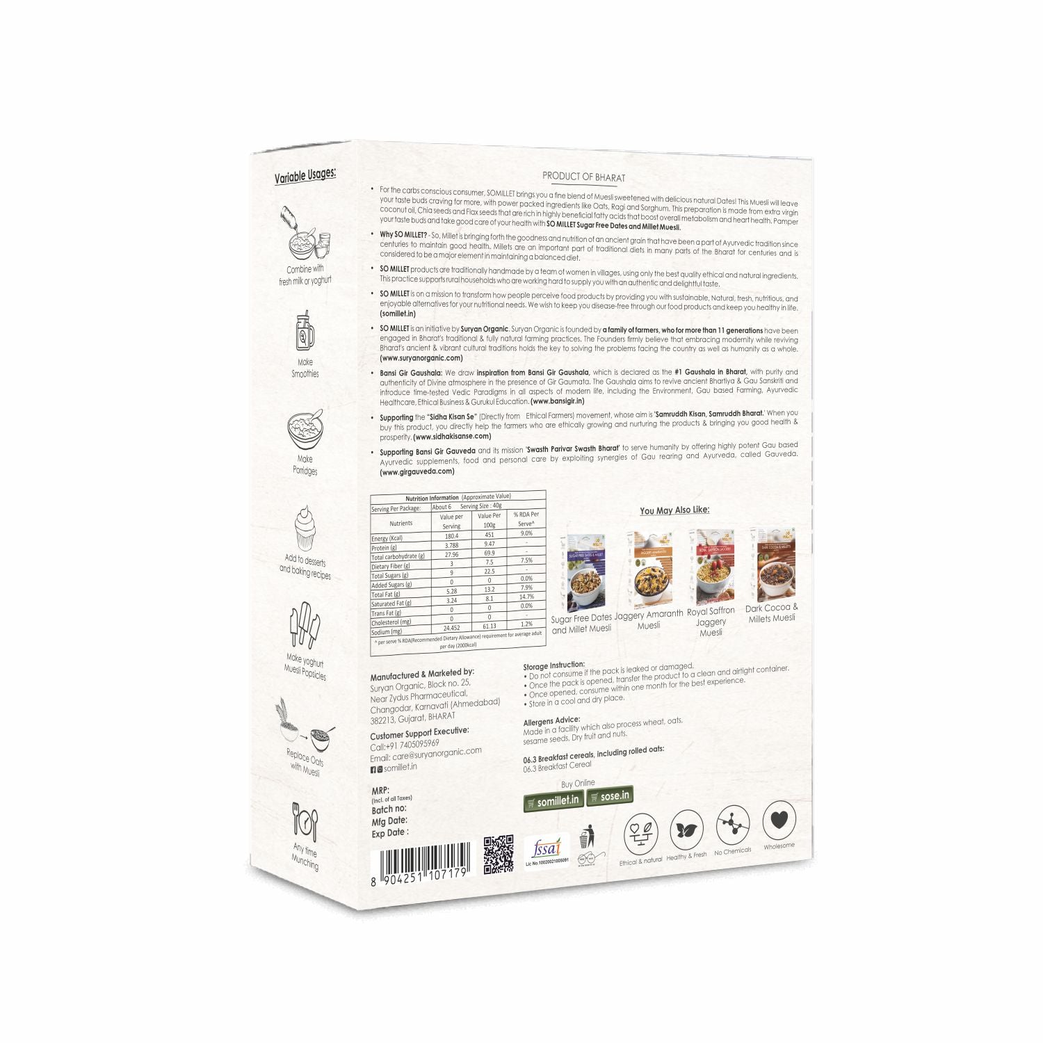 Muesli | Sugar Free Dates & Millet Muesli (Made With Ethical & Natural Ingredients) – Natural – Gluten Free, No Added Sugar, No Preservatives & No Artificial Flavour – So Millet – 250gm