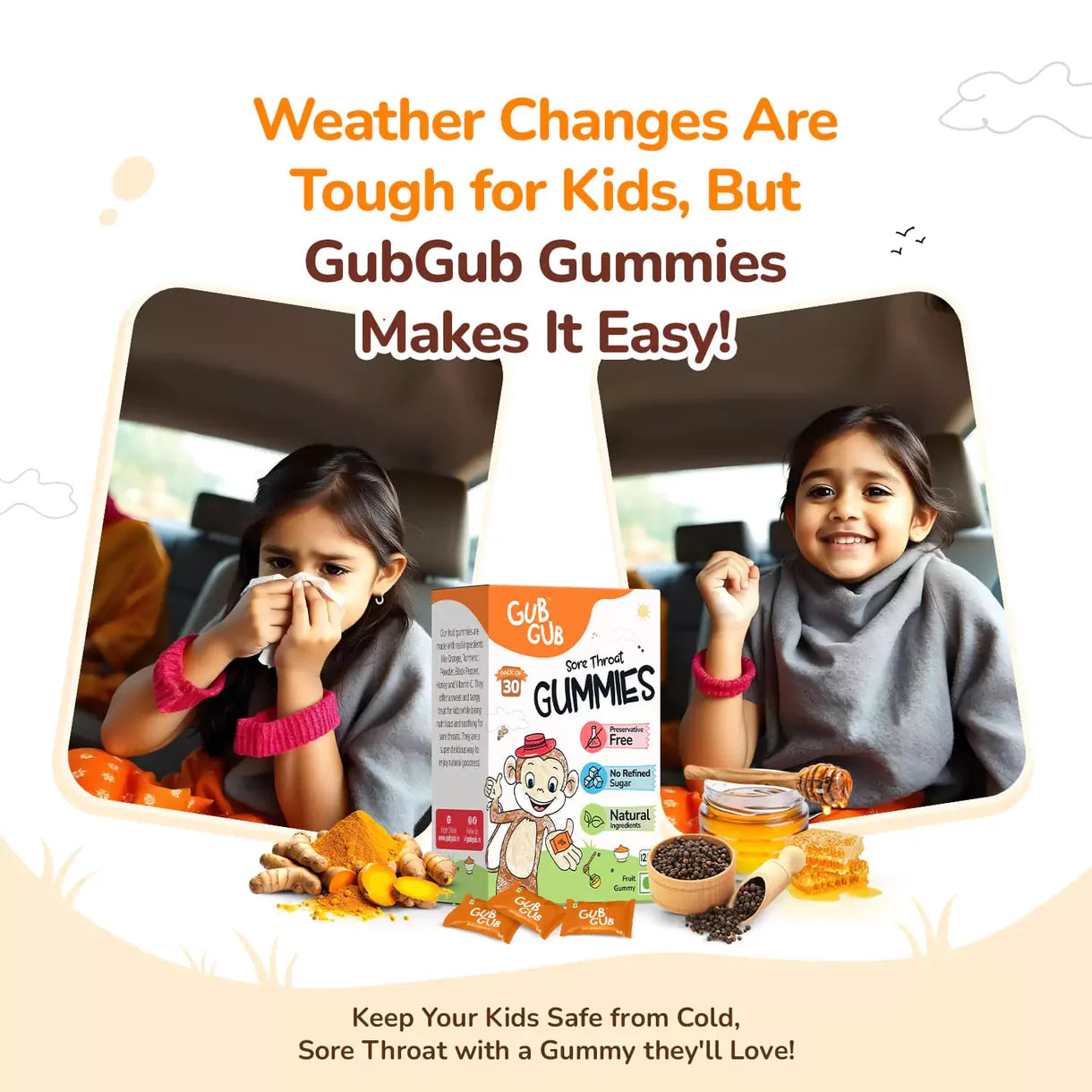 Gummies | Sore Throat Gummies-Fruit Gummy- All Natural Ingredients - No Added Preservatives & No Refined Sugar - GUB GUB - Pack Of 30