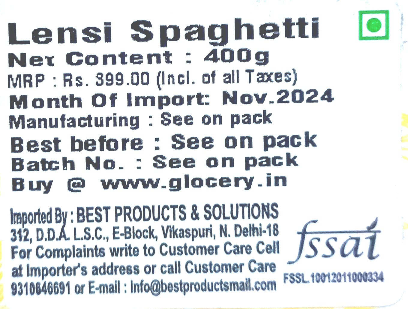 Pasta | Spaghetti Pasta (Made By Corn & Rice) – Made In Italy – Gluten Free & Lactose Free – Pasta Lensi – 400gm