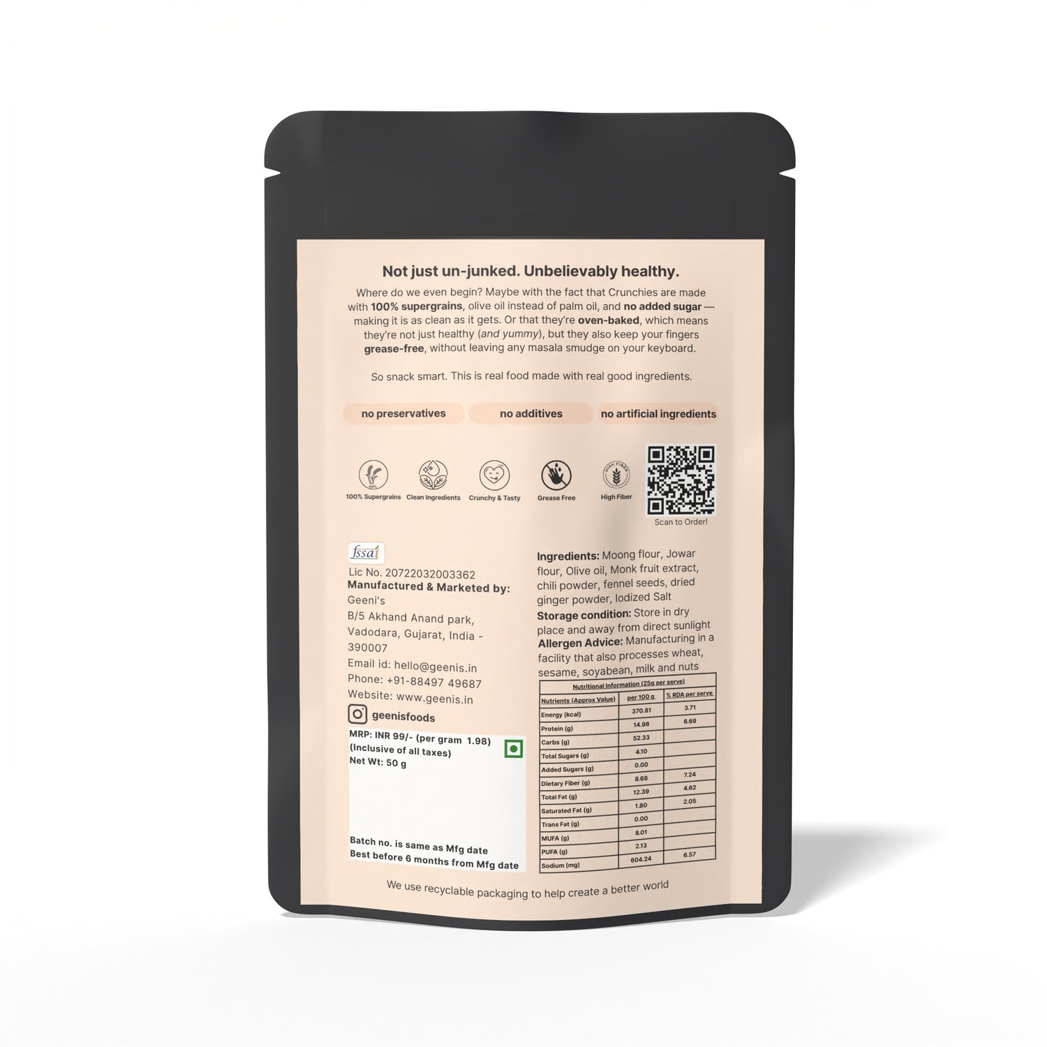 Crunchies | Sweet & Spicy Crunchies - Oven Baked - Vegan, Gluten Free, High In Protein, Mess Free, No Preservatives, Additives & No Added Artificial Ingredients - Geenis - 50gm