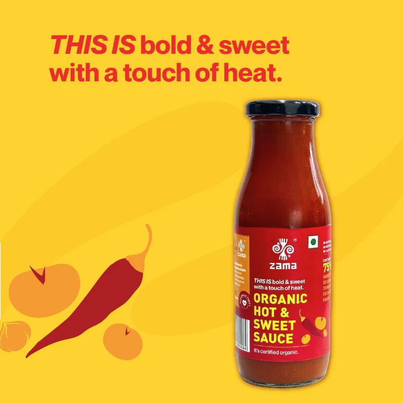 Sauce | Organic Hot & Sweet Sauce - Certified Organic - 100% Natural - No Preservatives, Thickeners, Stabilisers & No Artificial Colours And Flavours - Zama Organic - 330gm